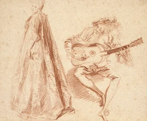 Fille debout de profil à gauche, regardant par-dessus son épaule gauche, avec un homme à droite jouant de la guitare